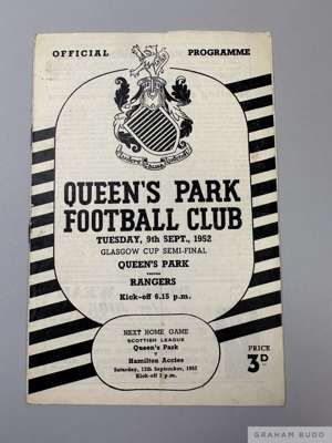 Rare Queen's Park v. Rangers Glasgow Cup Semi-Final match programme, 9th September 1952
  signs of fold, light creasing, slight staining