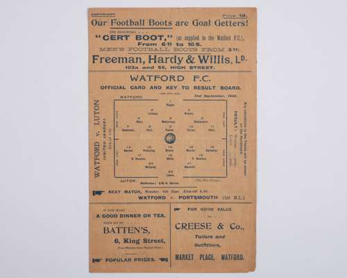 A rare and early Watford v. Luton match programme, 2nd September 1905