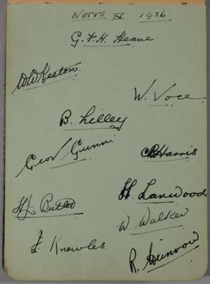 An album of late 1920s and early 1930s cricket autographs,
 including Sussex, Middlesex, Worcester, Notts, including Harold Larwood, the book bearing 