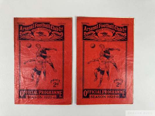 Two Arsenal home match programmes, season 1925-26
 comprising, Leeds United, September 26th 1925 and Aston Villa, February 24th 1926 (2)

  small hole