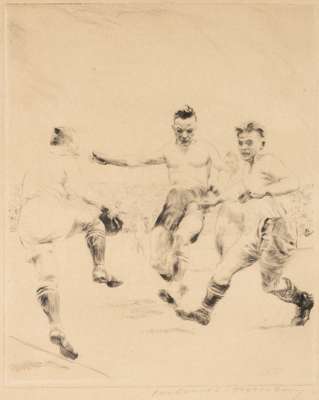German School "Muddied Oafs" football etching, circa 1925,
 depicting footballers going for goal with the goalkeeper saving the shot, with another foo