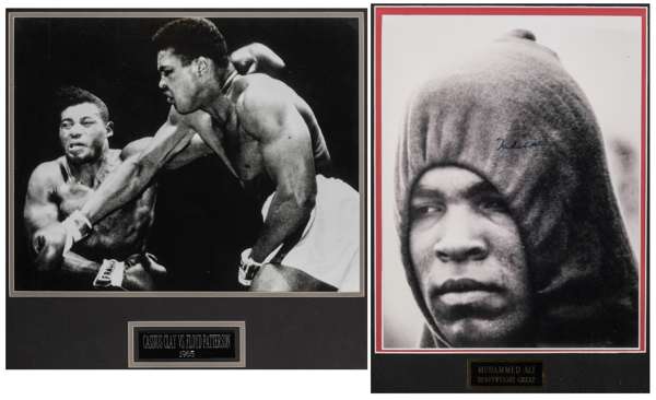Muhammad Ali signed photograph, 

14 by 11in., signed in blue marker pen, b & w head portrait of Ali in training sweats, mounted, framed & glazed, ove