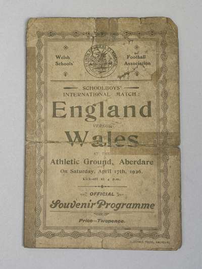 A Wales v. England, Welsh Schools Football Association, match programme, 17/4/26, match played at Aderdare

 Horizontal and vertical folds, tape repai