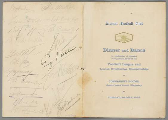 Signed Arsenal FC Dinner and Dance menu celebrating the 1934-35 Football League Championship season,
 held at the Connaught Rooms, London, 7th May 193