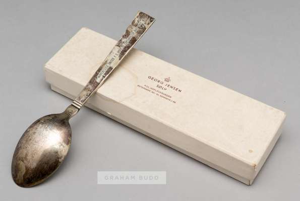 Georg Jensen Danish silver spoon presented to Duncan Edwards on the occasion of Manchester United's visit to Copenhagen in May 1957,
 bears inscriptio