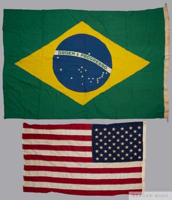 The Brazilian and American flags displayed on the occasion of Pele's first match
 for the New York Cosmos v Dallas Tornados at Downing Stadium, Randal