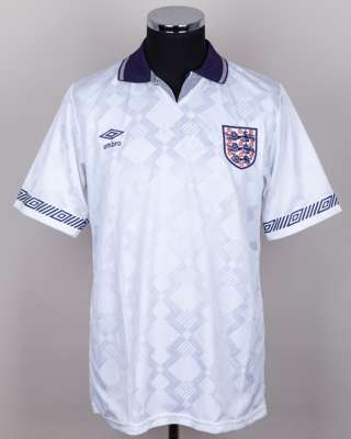 White and blue No.7 England autographed short-sleeved shirt, 1990-92