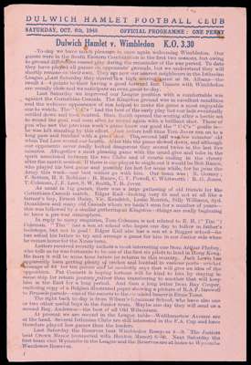 16 Dulwich Hamlet home programmes season 1945-46, including fixtures v Wimbledon, Oxford v Cambridge and Romford in the F.A. Cup, all have folds, but 