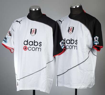 Two Fulham football jerseys, season 2004-05,
 comprising Sylvain Legwinski white Fulham no.5 home jersey, season 2004-05 Puma, short-sleeved with BARC