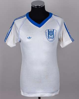 Eoin Hand - Nissim Cohen white and blue No.14 Israel short-sleeved shirt, 1984
