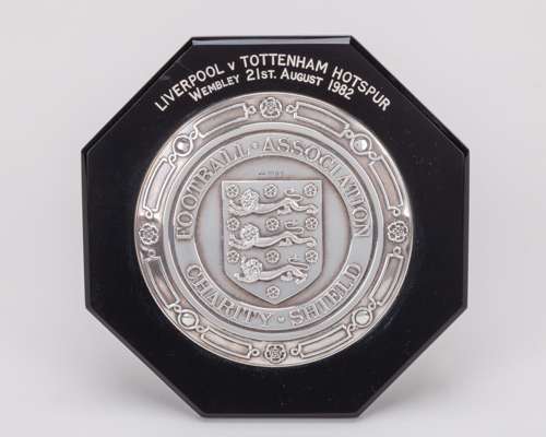 Black Bakelite and silver mounted Liverpool v. Tottenham Hotspur Charity Shield plaque, 1982