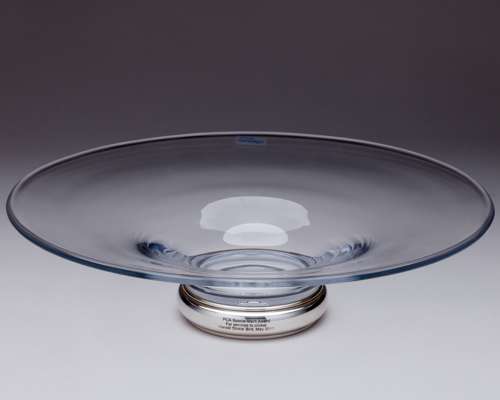 Dickie Bird PCA Special Merit Award Broadway glass fruit bowl with silver band