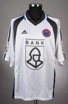 Darko Anic white Club Brugge no.10 home away jersey from the 1998-99 season,
 Player issue long sleeved example in white with black/blue collar and bl