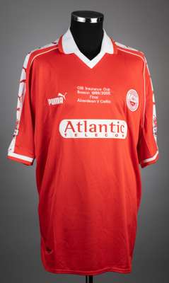 Kevin Rutkiewicz red and white Aberdeen no.37 1999-2000 CIS Insurance Cup Final jersey,
 Puma, short-sleeved, CIS logo to sleeve, front inscribed CIS 