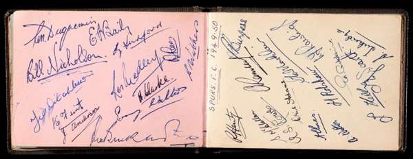 1950s autograph album mostly football, team-groups for Arsenal and Spurs, and a good selection of stars of the day including Taylor (Busby Babe), Bent