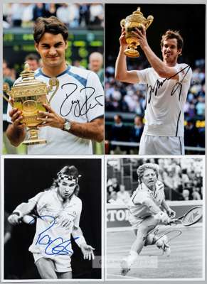 Five individually signed photographs of Wimbledon lawn tennis champions
 including Roger Federer, Sir Andy Murray, Boris Becker, Pat Cash and Michael 