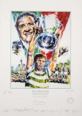 Signed Celtic 'The Lisbon Lions' European Cup Winners 1967 v Inter Milan, played at Estadio Nacional on 25th May limited edition print,
 a colour mont