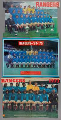 Glasgow Rangers 1973-74, 1974-75 and 1976-77 large autographed colour double page centre spread from football magazines with legend,
 pre-season 1973-