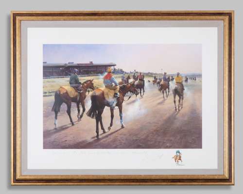 A Peter Curling (Irish, b.1955) print presented as a gift by the jockey Lester Piggott