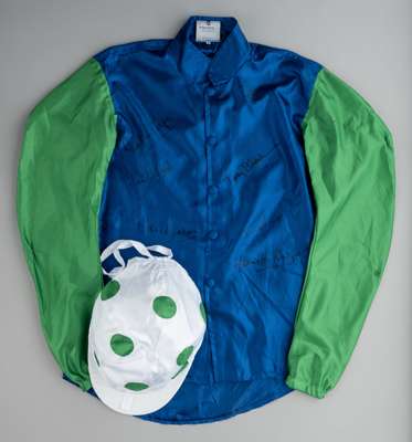 Johnson Family racing silks signed by David Johnson, Martin Pipe, David Pipe, Henrietta Knight, Terry Biddlecombe, Timmy Murphy and Tom Scudamore, 
 m