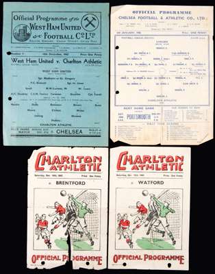A collection of 56 Charlton Athletic football programmes, 51 homes, 5 aways, including a pre-war v Chelsea 1936-37, many wartime single sheets homes &