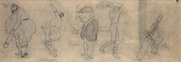 Tom Webster (British, 1886-1962) montage of cricketers drawing, circa 1940,
 pencil, featuring W.G. Grace, Fred "The Demon Bowler" Spofforth, Archie C