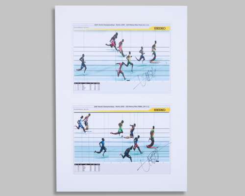 Usain Bolt - World Records 2009 World Championships two signed photo finish photographs