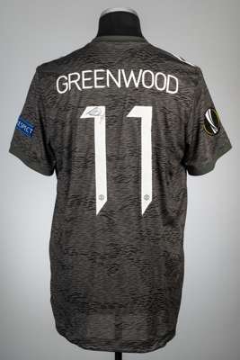 Mason Greenwood signed grey Manchester United no.11 away jersey, season 2020-21,
 Adidas, short-sleeved with UEFA EUROPA CUP and RESPECT sleeve badges