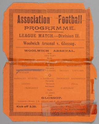 Woolwich Arsenal v Glossop programme 4th April 1904,
 F.L. Division Two fixture, played at the Manor Ground, Plumstead, with paper loss and cellotape 