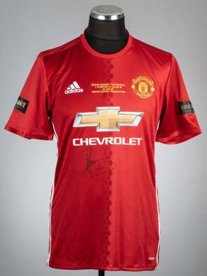 Phil Jones signed red Manchester United Wayne Rooney testimonial no.4 home jersey v Everton, played at Old Trafford, 3rd August 2016,
 Adidas, short-s