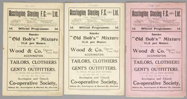 Three Accrington Stanley home programmes season 1923-24,
 F.L. Division Three North fixtures v New Brighton, Ashington & Wigan Borough