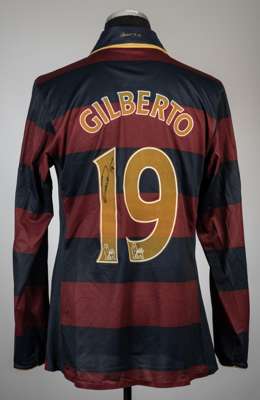 Gilberto Silva signed claret and navy hooped Arsenal no.19 third choice jersey, season 2007-08,
 Nike, long-sleeved with BARCLAYS PREMIER LEAGUE sleev