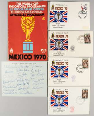 World Cup Mexico 1970 autographed page by England in ink of 20 squad members, 
 includes Moore, Bell, Osgood, Banks, Hunter, Charlton, etc.; sold with