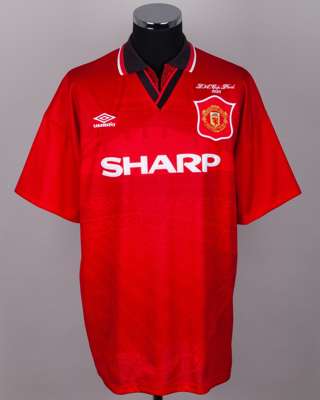Lee Sharpe red No.5 Manchester United v. Everton FA Cup Final short-sleeved shirt, 1995