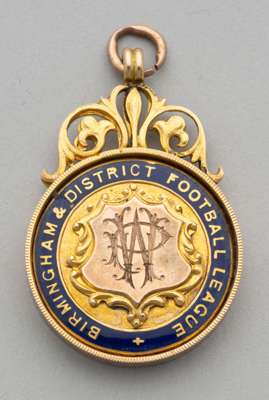 Bristol Rovers 9ct gold medal for Birmingham & District Football League awarded to W. Pickering,
 obverse with blue enamel and engraved centre with Pi