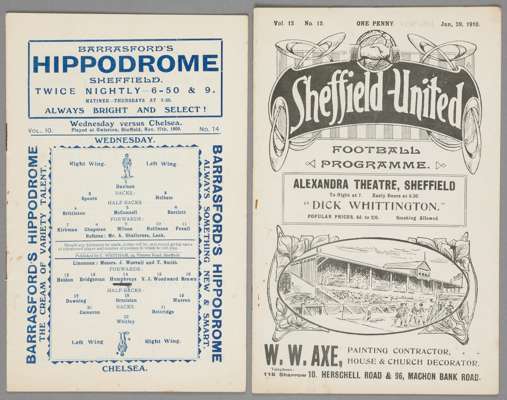 Two Chelsea away programmes at the Sheffield clubs in season 1909-10,
 F.L. Division One fixtures at The Wednesday 27th September 1909 and at Sheffiel