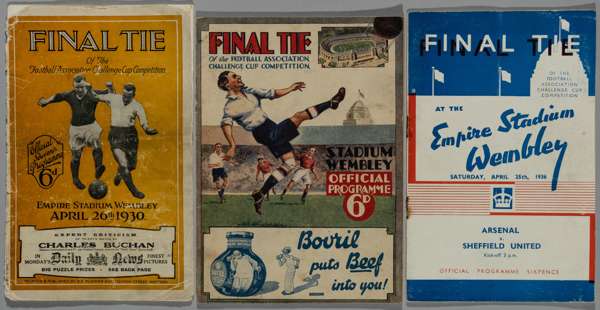 A trio of programmes for Arsenal's three F.A. Cup Final appearances in the 1930s,
 comprising: 26th April 1930 v Huddersfield Town, lacking back wrapp