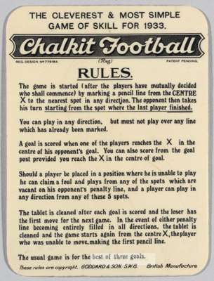 Chalkit football game by Goodard & Son, London, circa 1933,
 comprising wipeable board printed on the front with football pitch with goals, penalty li