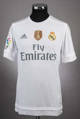 Gareth Bale white and grey No.11 Real Madrid issued/worn short-sleeved jersey, 
 Adidas, 6, with crew-neck collar and printed badge with embroidered F