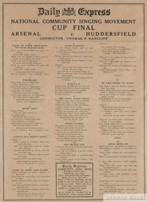 An original 1930 F.A. Cup Final song-sheet, 29th April 1930
 framed and glazed, 36 by 28cm