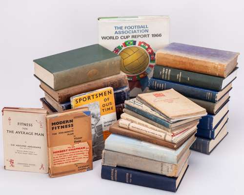 Collection of sporting books including the World Cup Report 1966 and sports programmes