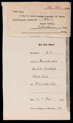 1926 Football League share certificate acknowledgement signed by Manchester United secretary 14th October 1926  One week earlier the Football Associat