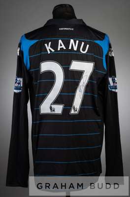 Nwankwo Kanu signed black and blue Portsmouth no.27 third choice jersey, season 2009-10,
 long-sleeved with BARCLAYS PREMIER LEAGUE sleeve badges, clu