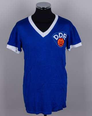 Rainer Troppa blue and white No.6 East Germany v. England match worn shirt, 1984