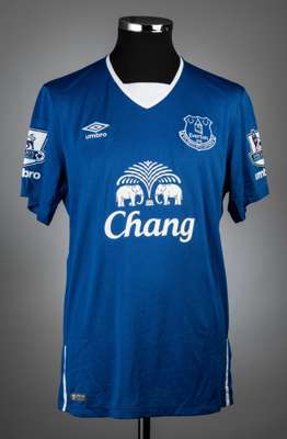 Gareth Barry blue & white Everton no.18 jersey v Manchester City, played at Goodison Park, on 23rd August 2015,
 match-issue, Umbro, short-sleeved wit