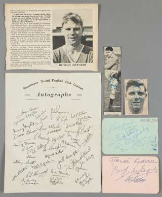 Manchester United 'Busby Babes' autographs,
 comprising Duncan Edwards, Tommy Taylor and Bobby Charlton signed over newspaper/magazine pictures; two p