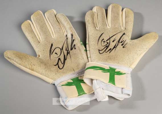 David Forde signed Republic of Ireland goalkeeper's gloves, 
 the white and green gloves with DAIVD FORDE printed on each glove with Irish flag, signe