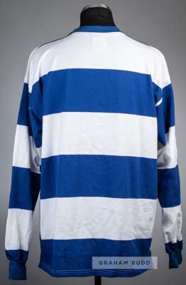 Queen's Park Rangers retro jersey signed by Rodney Marsh,
 Score Draw blue and white hooped jersey, signed in black marker pen