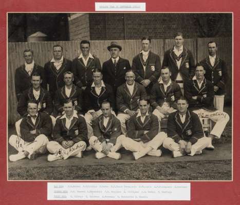 England cricket team tour to Australia signed b & w team photograph, 1924-25,
 depicting the team and management in standing and seated pose, signed i