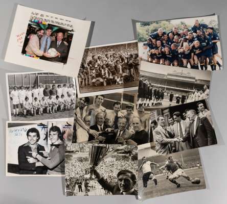 Large collection of b & w press football photographs dating from 1940s to 1990s,
 comprising 6 by 7.5in. Matt Busby and the Scotland team discussing t